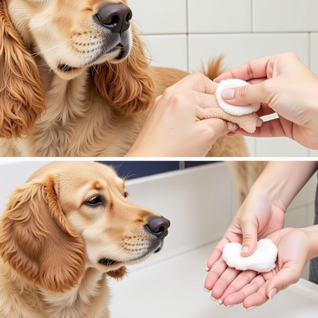 Aplicando vinagre de manzana diluido en la piel de un perro con hongos