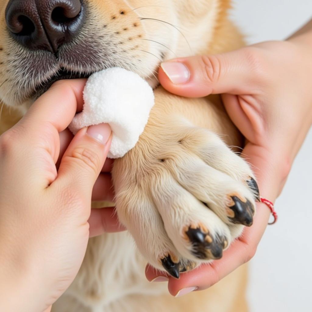 Aplicando vinagre de manzana diluido en las patas de un perro con hongos