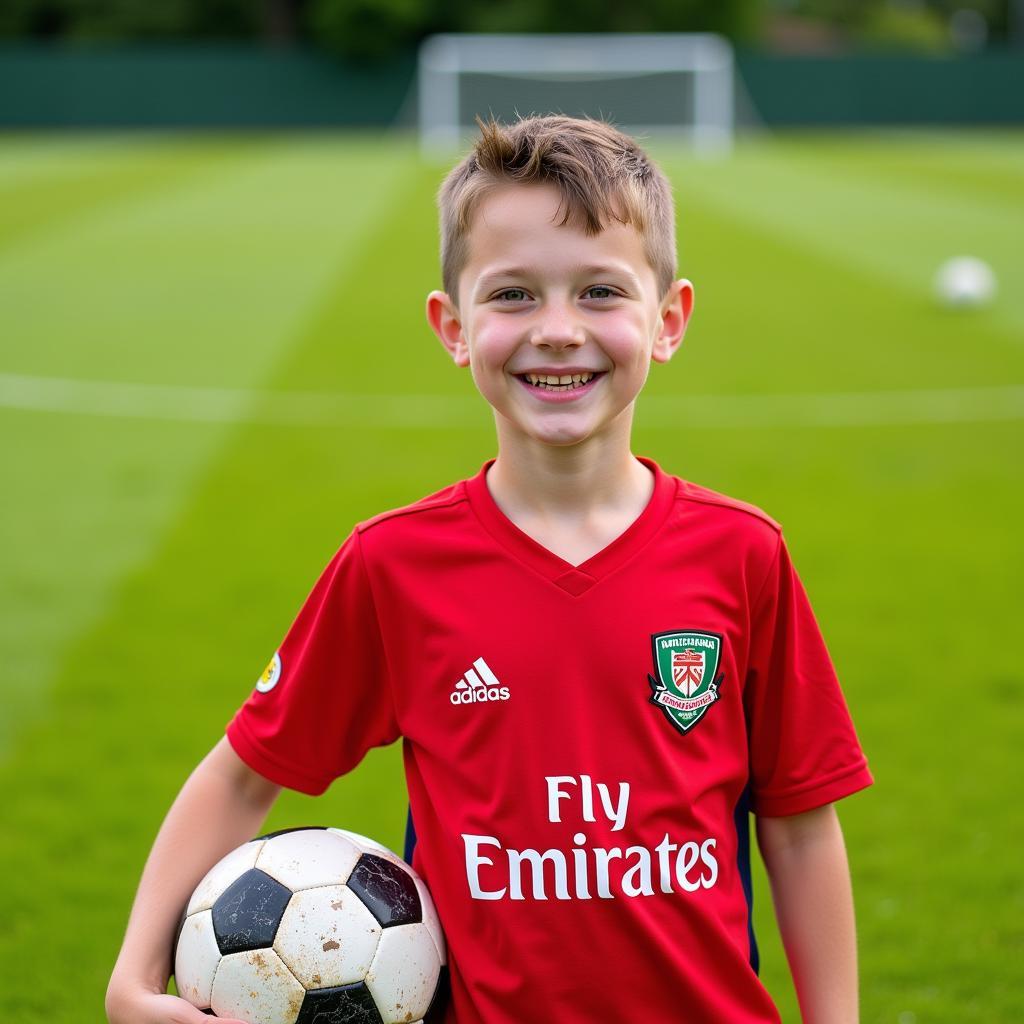 Cậu bé mặc áo Wrexham youth jersey với nụ cười rạng rỡ.