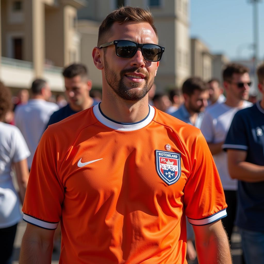 A fan wearing a retro 1988 Netherlands shirt