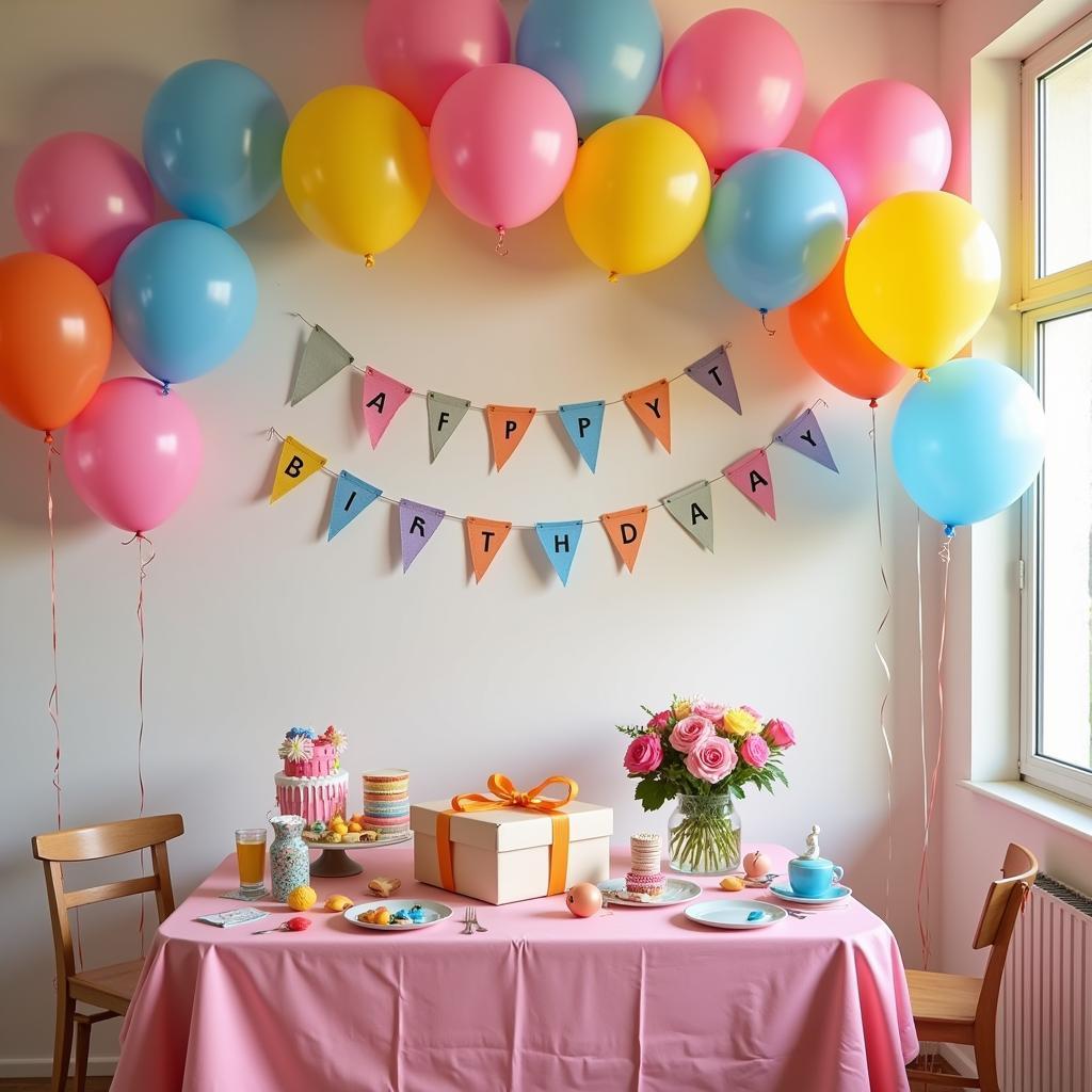 20 colorful balloons decorating a birthday party venue