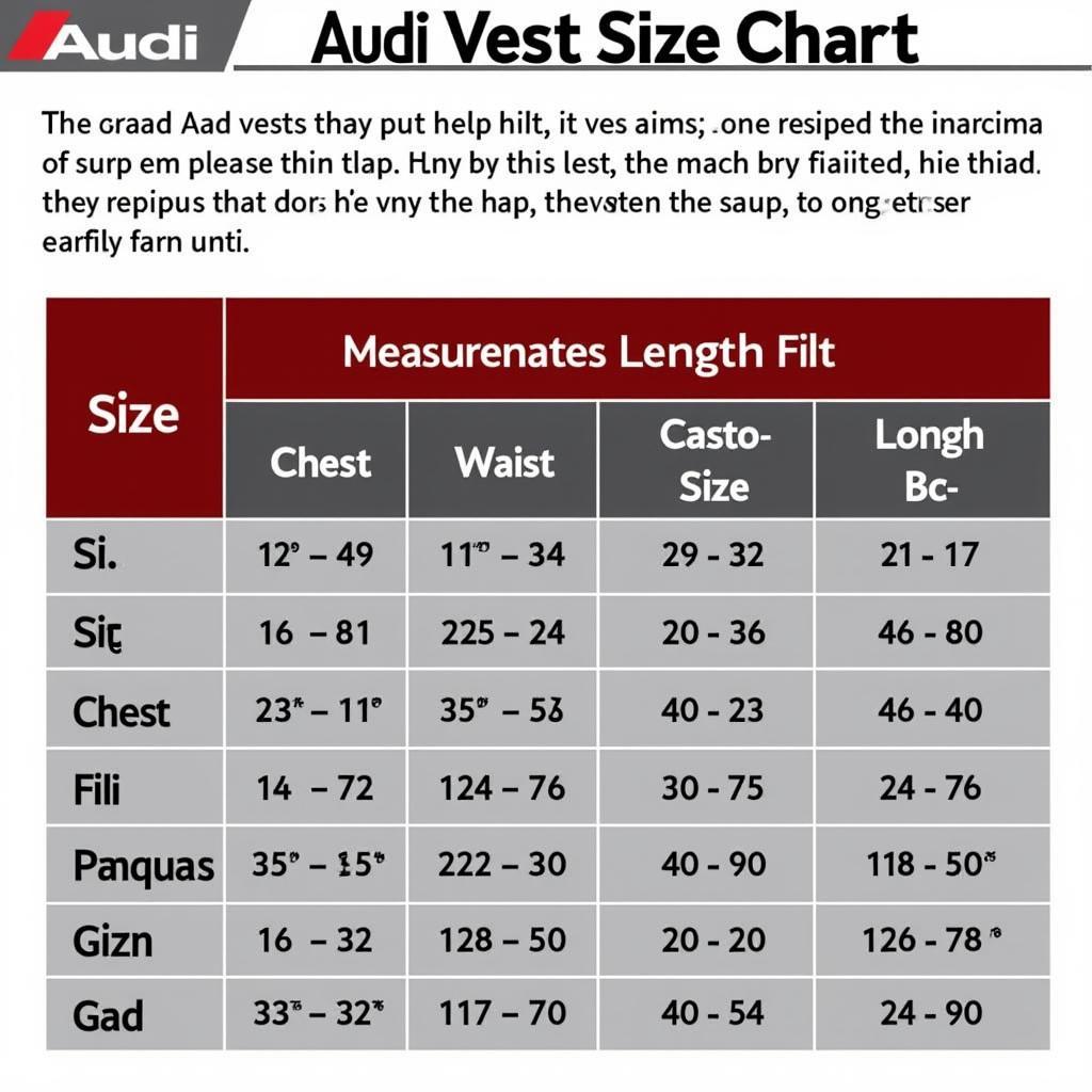 Biểu đồ kích thước áo vest Audi