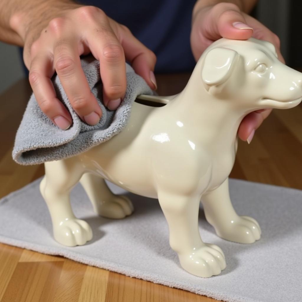 Cleaning an antique dog piggy bank with a soft cloth