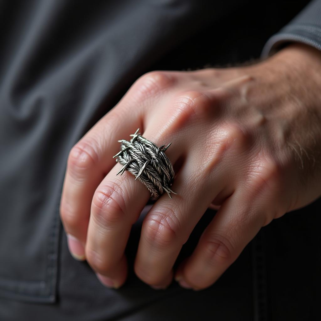 Close-up of a barbed wire ring on a man's hand