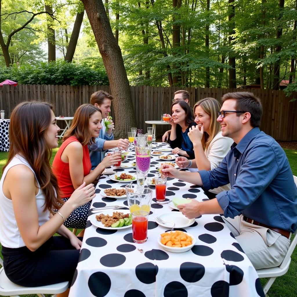 Black and white polka dot table cover used at an outdoor party