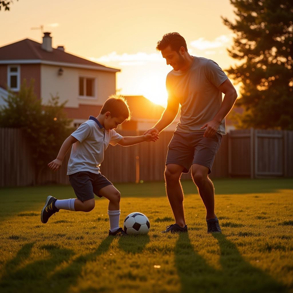 Father and Son Playing Football in the Backyard