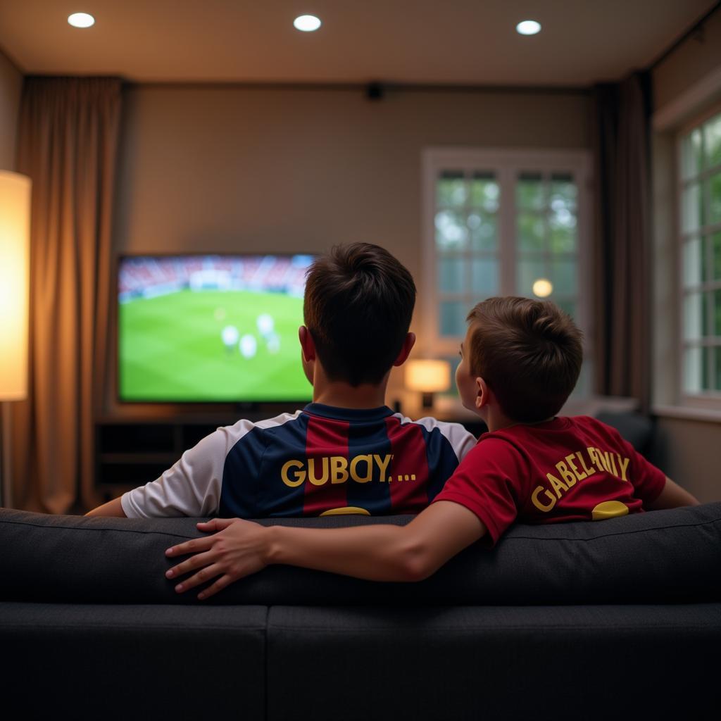 Father and Son Watching a Football Match Together