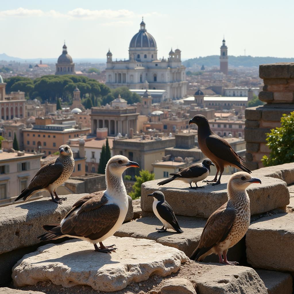 Birds perching on ancient Roman ruins in Rome, Italy