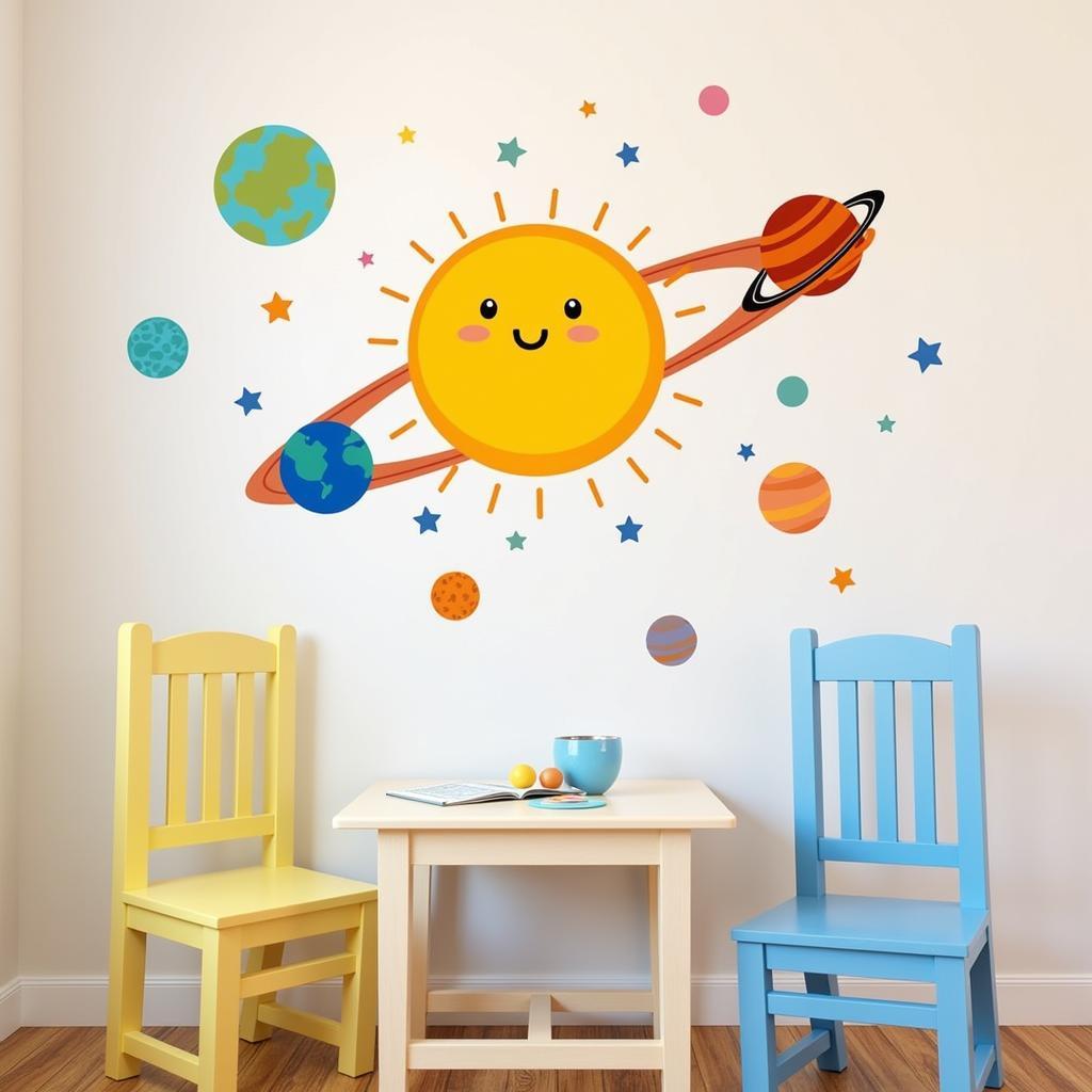 Solar system wall decals in a kid's room