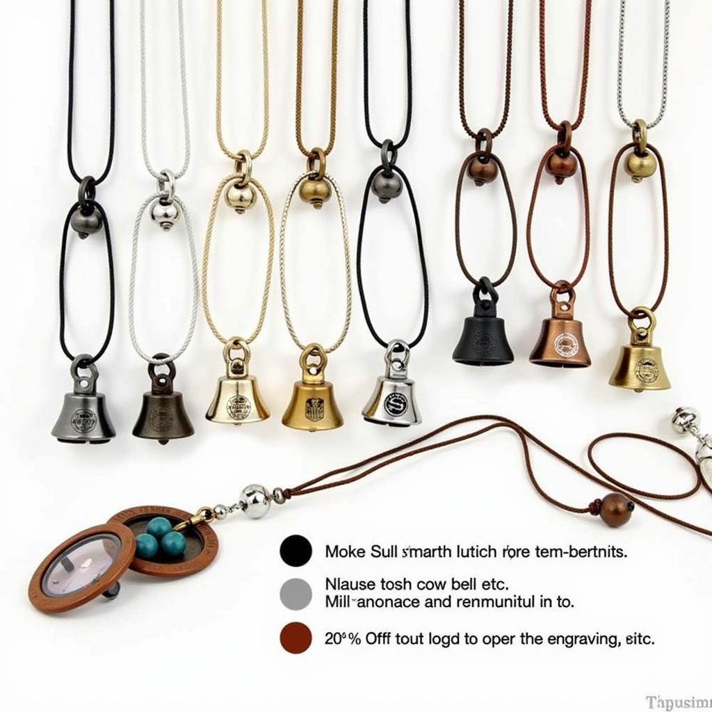 Various cow bell necklaces displayed