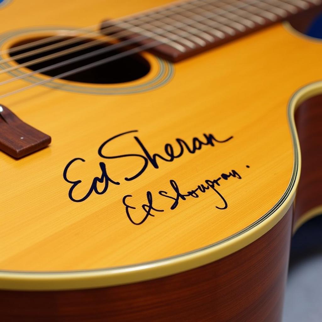 Close-up of Ed Sheeran's signature on an acoustic guitar