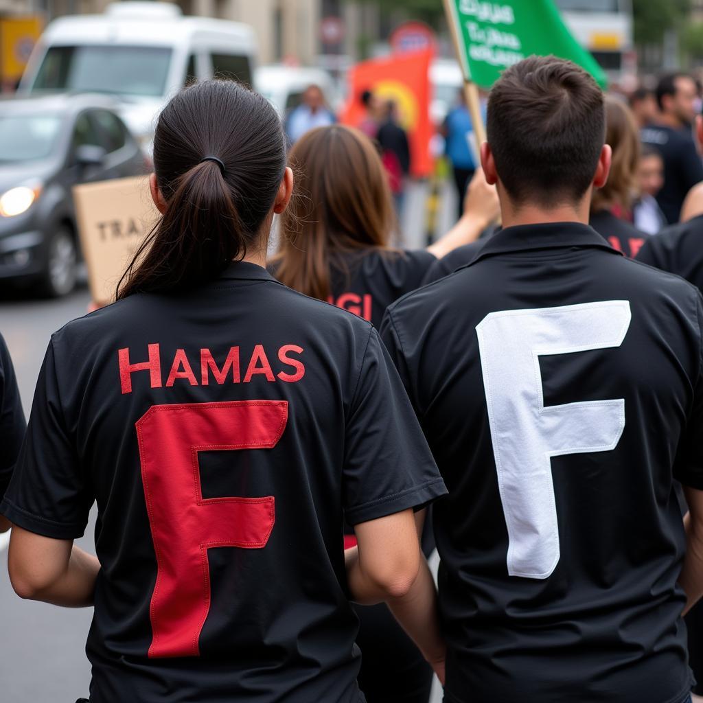 Người biểu tình mặc áo f hamas shirt