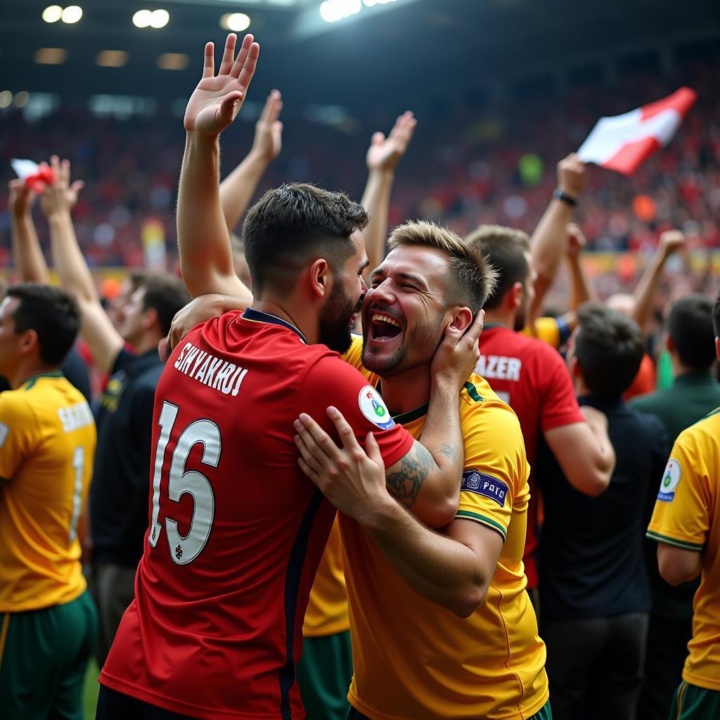 Fans celebrating a goal with joy and excitement.