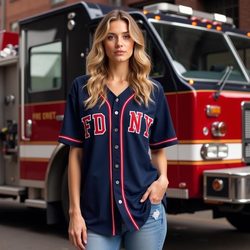 Người mẫu mặc áo FDNY baseball jersey