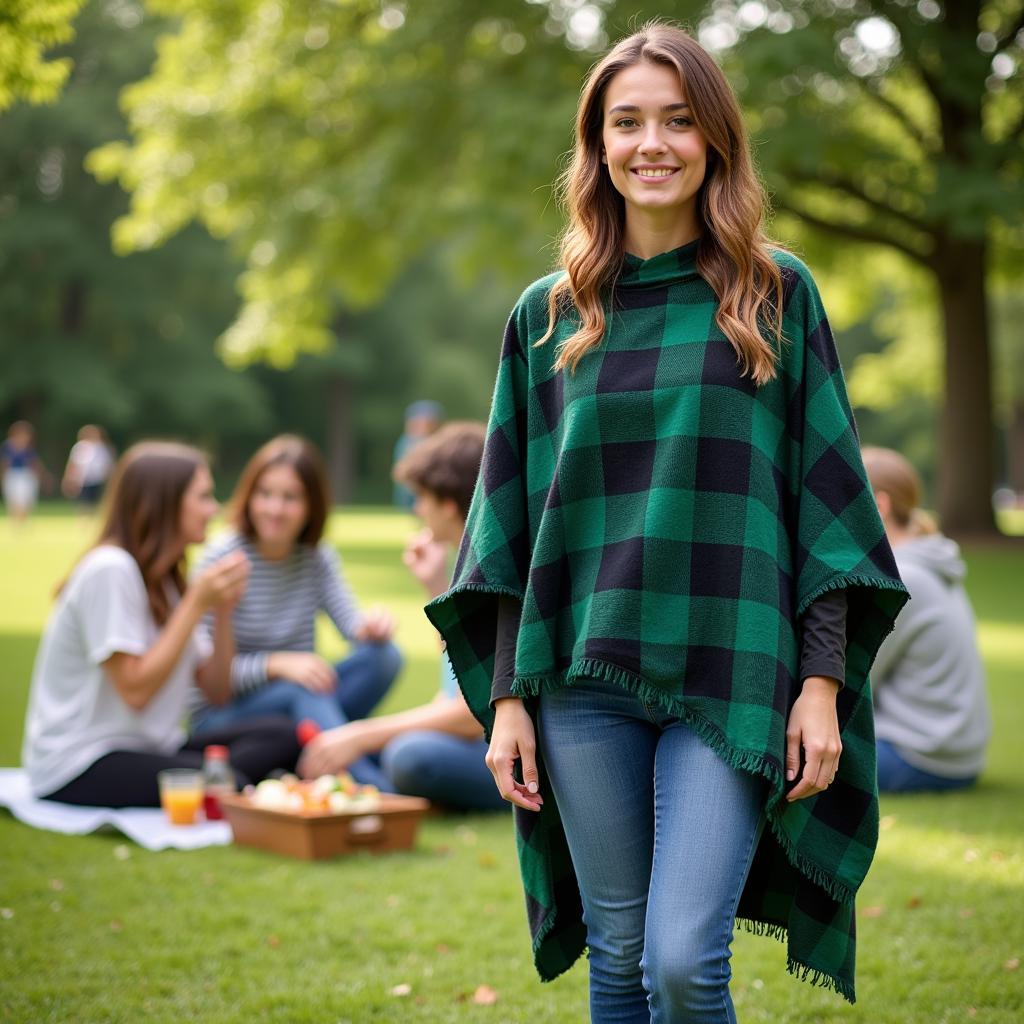 Green Plaid Poncho for Outdoor Activities