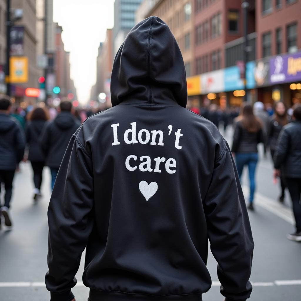 Fan Wearing "I Don't Care" Sweatshirt as Streetwear