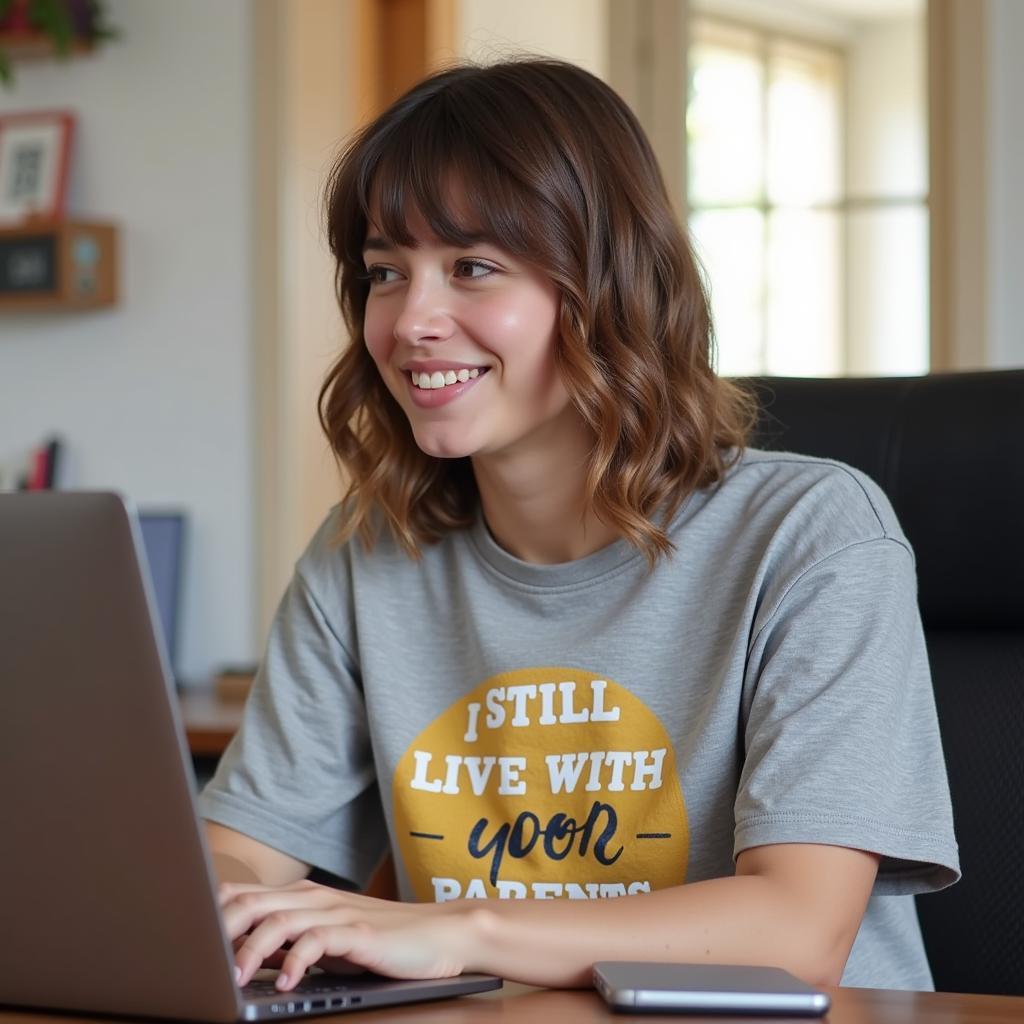 Young adult wearing the shirt while working on a laptop