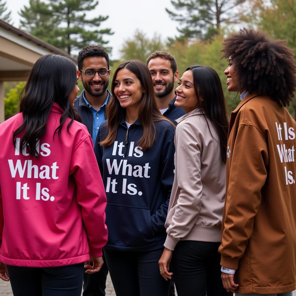 A group of people wearing "It Is What It Is" jackets, smiling and connecting with each other.