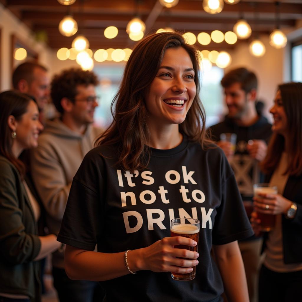 Person wearing an "It's ok not to drink" shirt at a social gathering