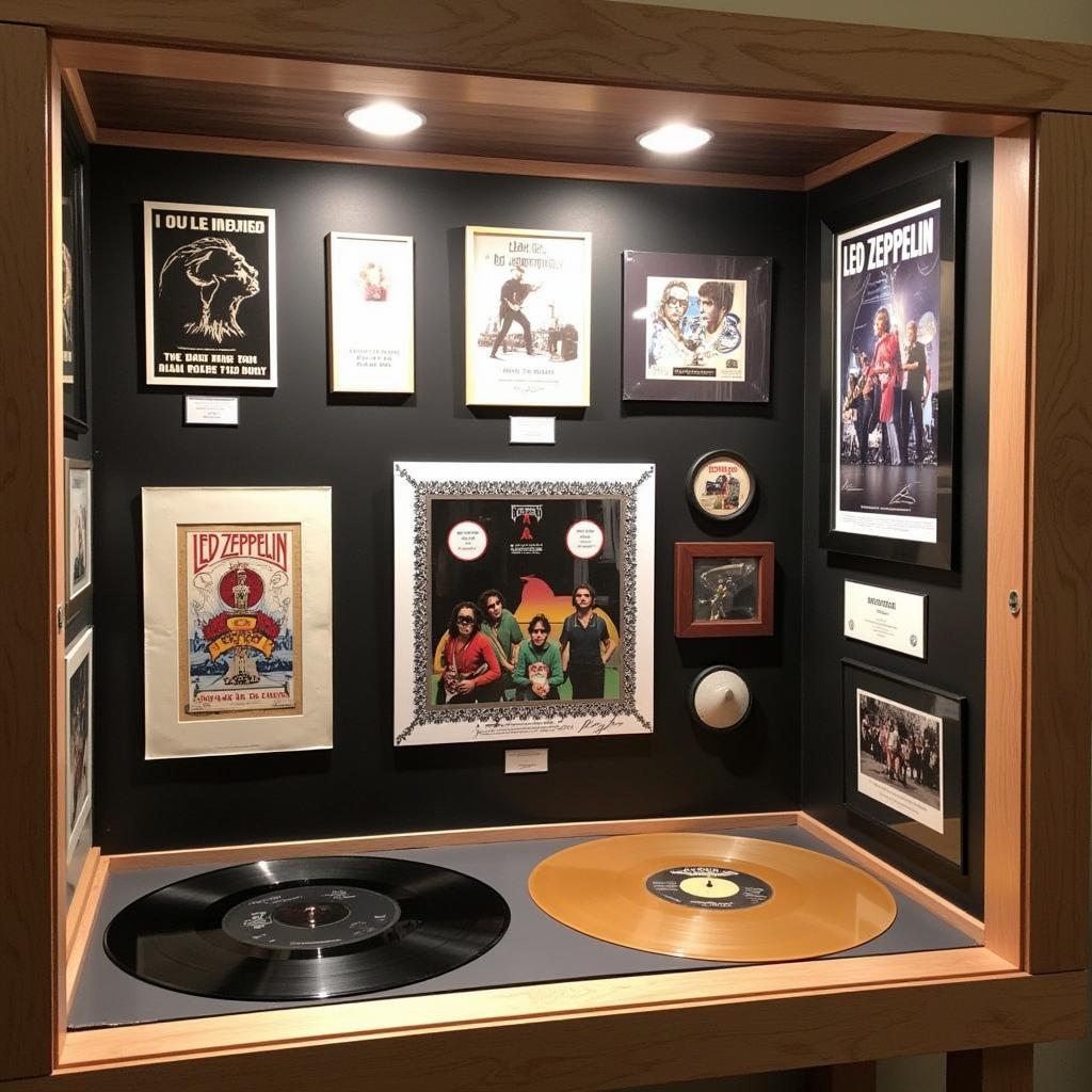 Display case filled with Led Zeppelin memorabilia