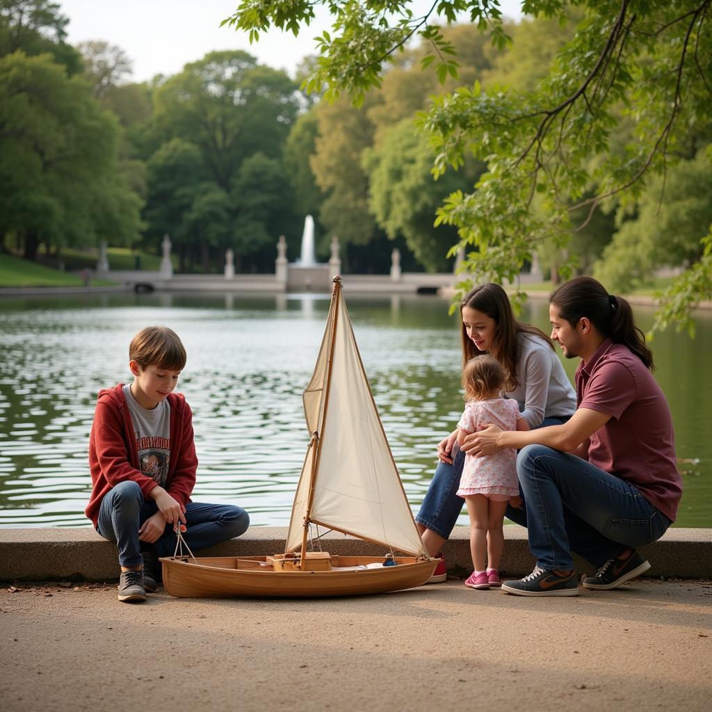 Family enjoying the sailboats in Luxembourg Gardens