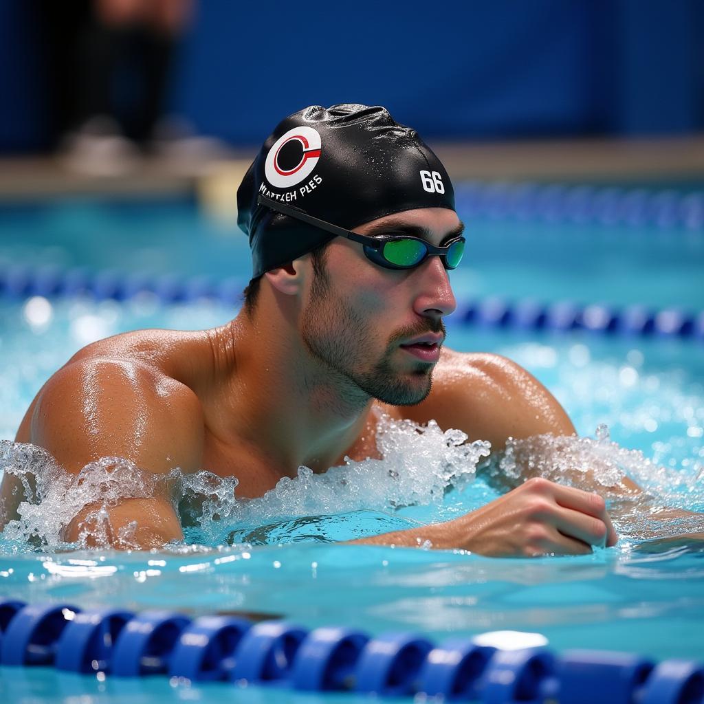 Michael Phelps tập trung cao độ trong cuộc thi bơi lội, đội mũ bơi.