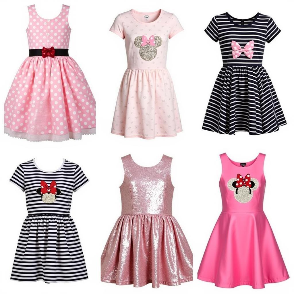 Different styles of Minnie Mouse twirl dresses, including pink polka dots, black and white stripes, and sequin versions.