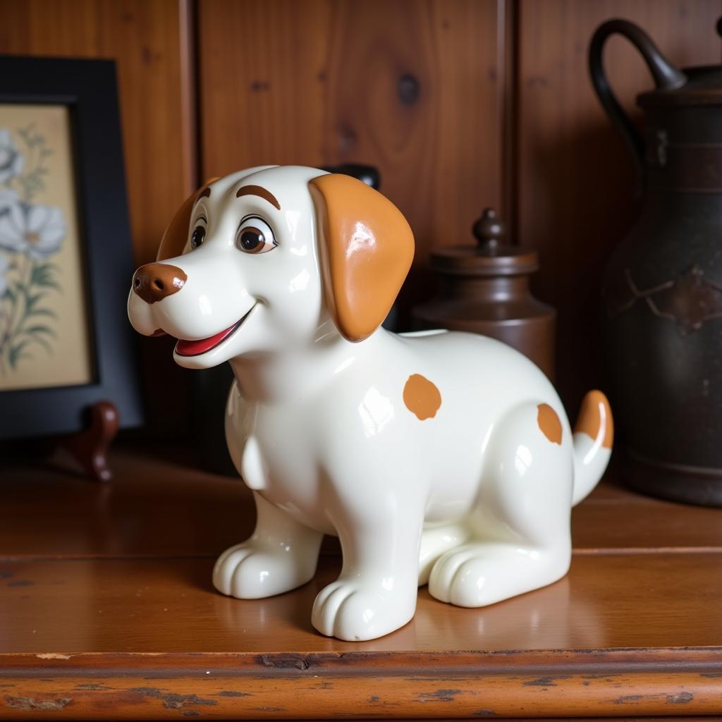 Antique ceramic dog piggy bank with vintage charm.