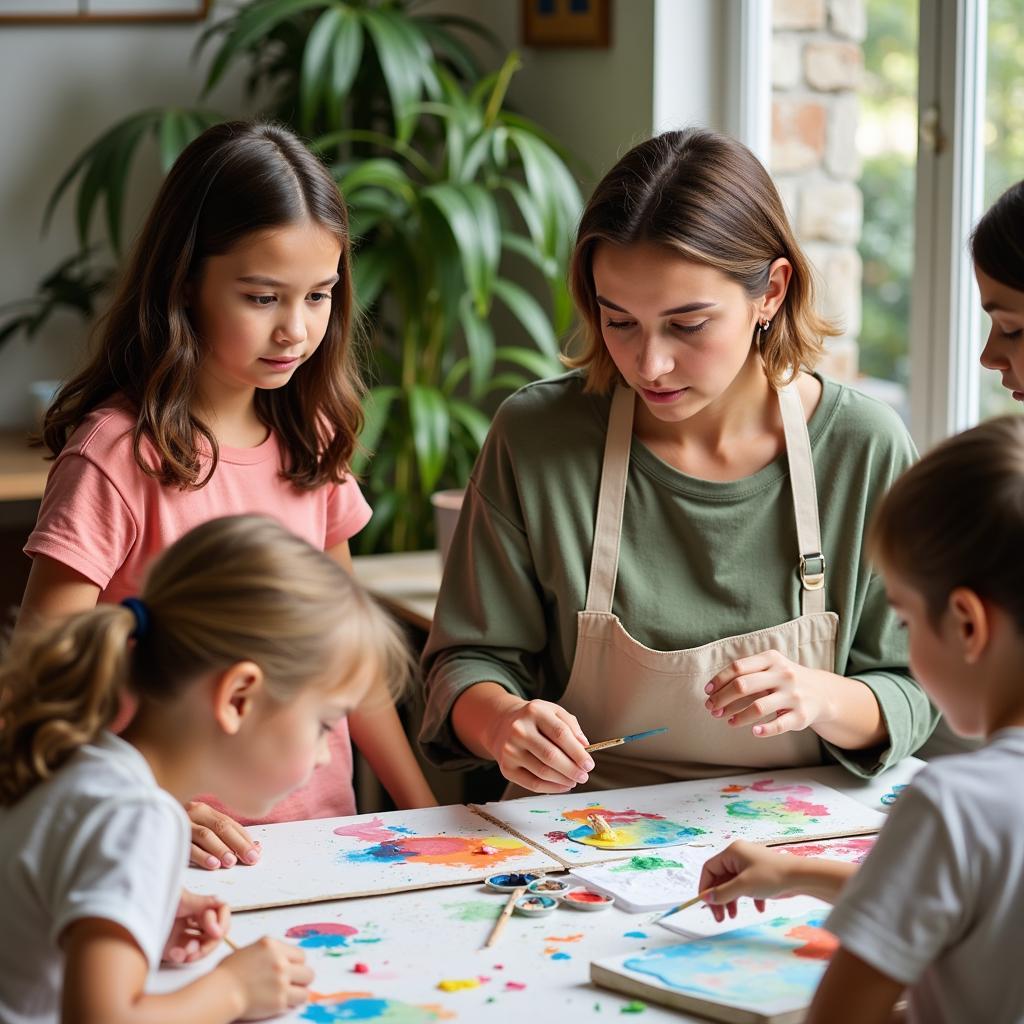 A female artist teaching children to paint