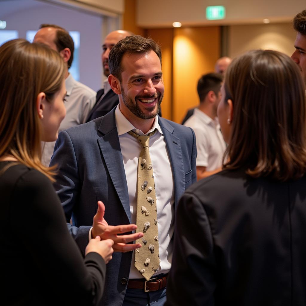 Man Wearing a Polar Bear Tie at a Networking Event