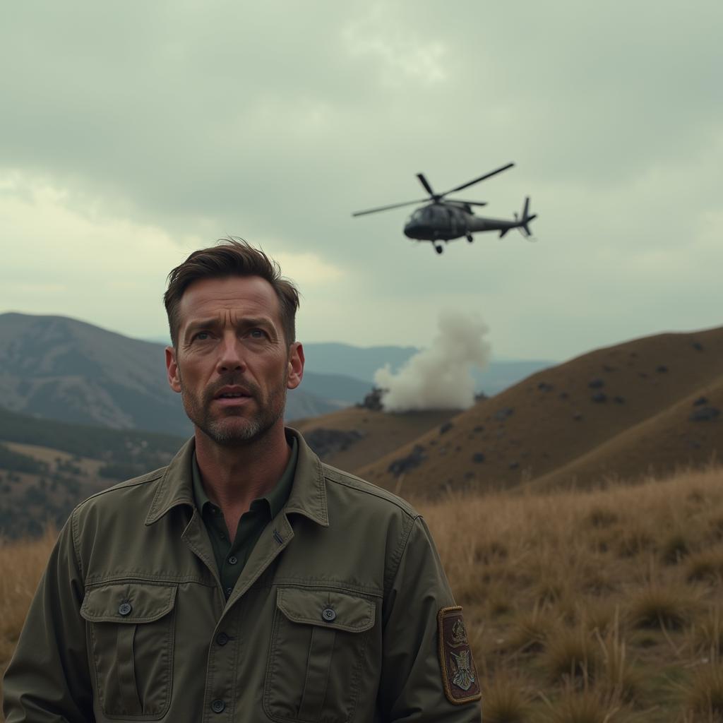 Man looking at crashing helicopter