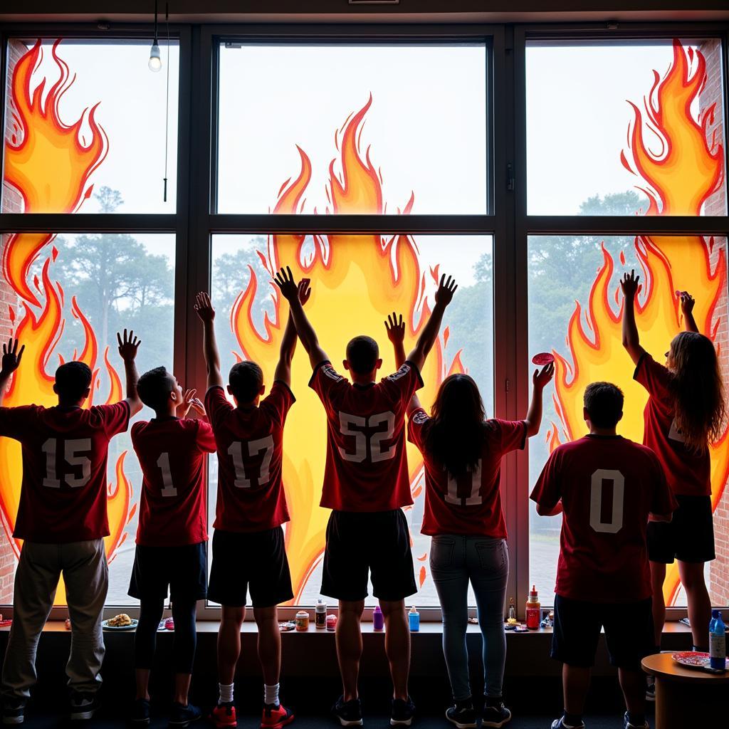 Fans painting vibrant window flames on a window.