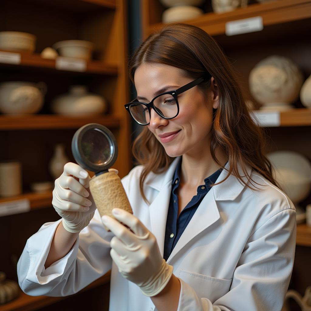 A woman examining historical artifacts.