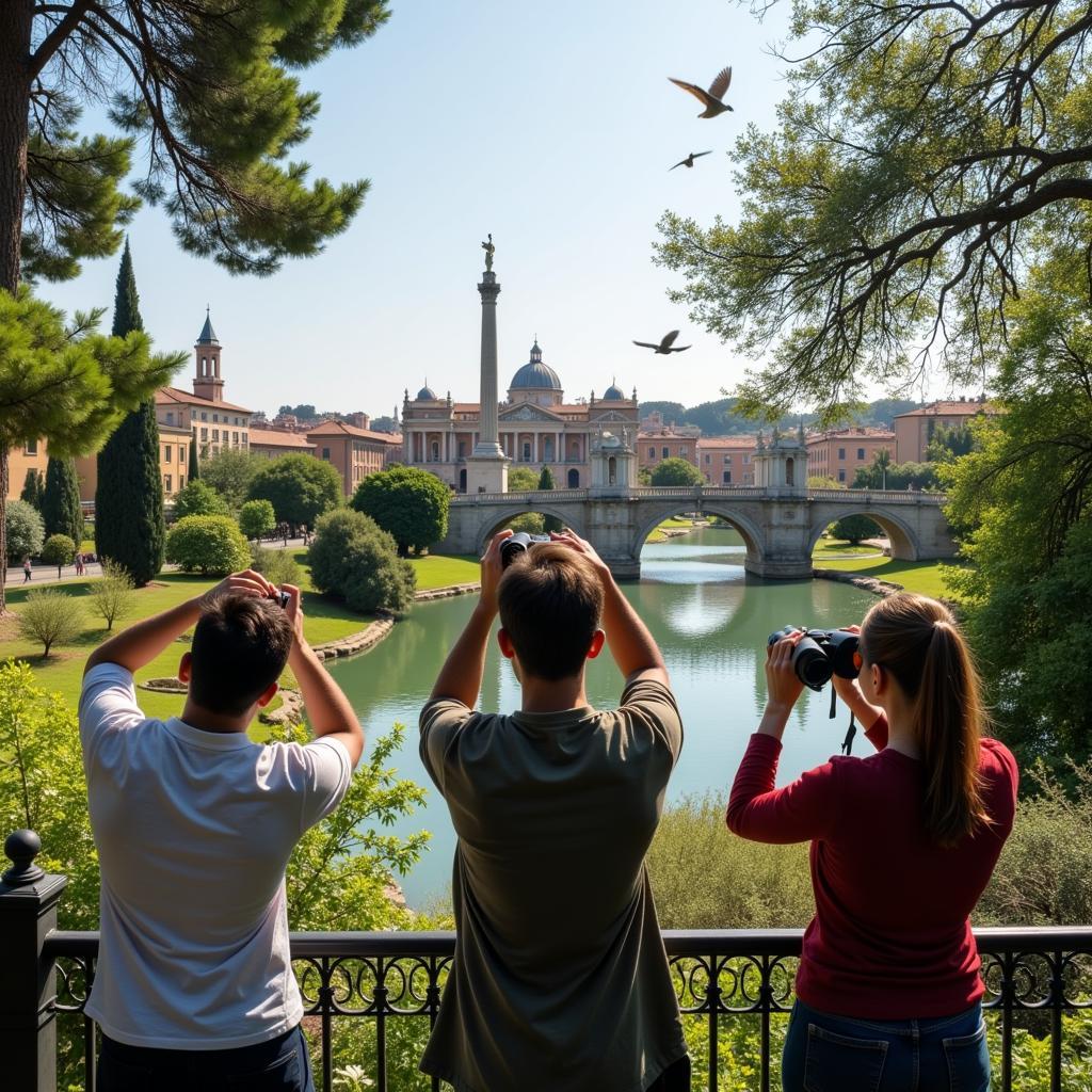 Birdwatchers observing birds in a park in Rome, Italy