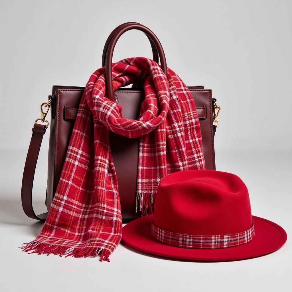 Various accessories made from Princess Diana tartan fabric, including scarves, bags, and hats.