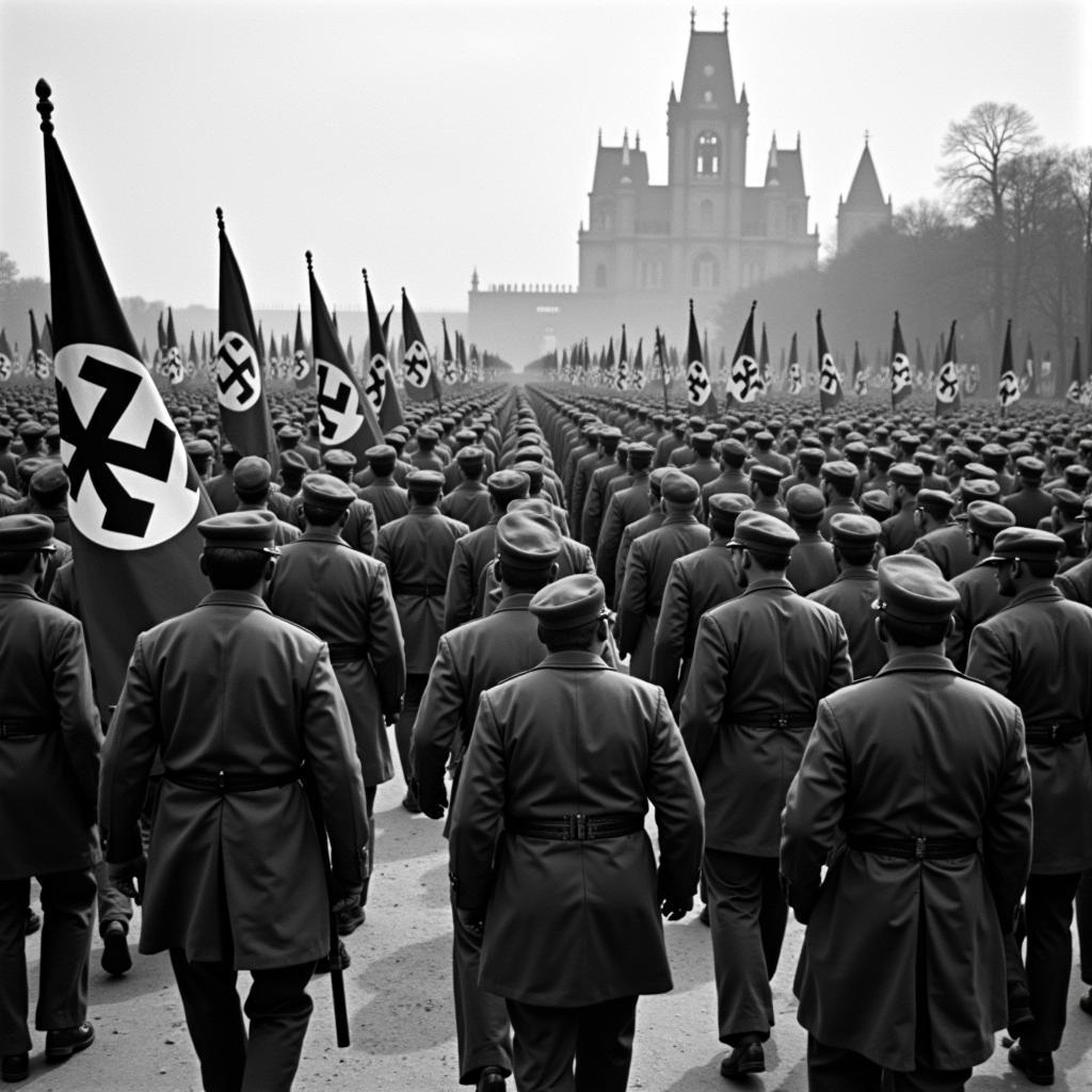 Nazi soldiers marching in formation.