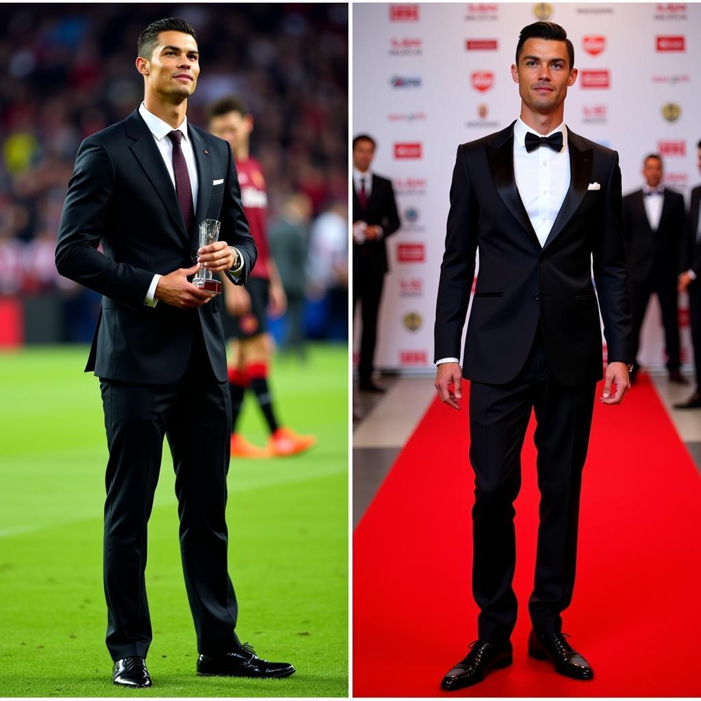 Ronaldo trong bộ suit lịch lãm trên sân cỏ và thảm đỏ