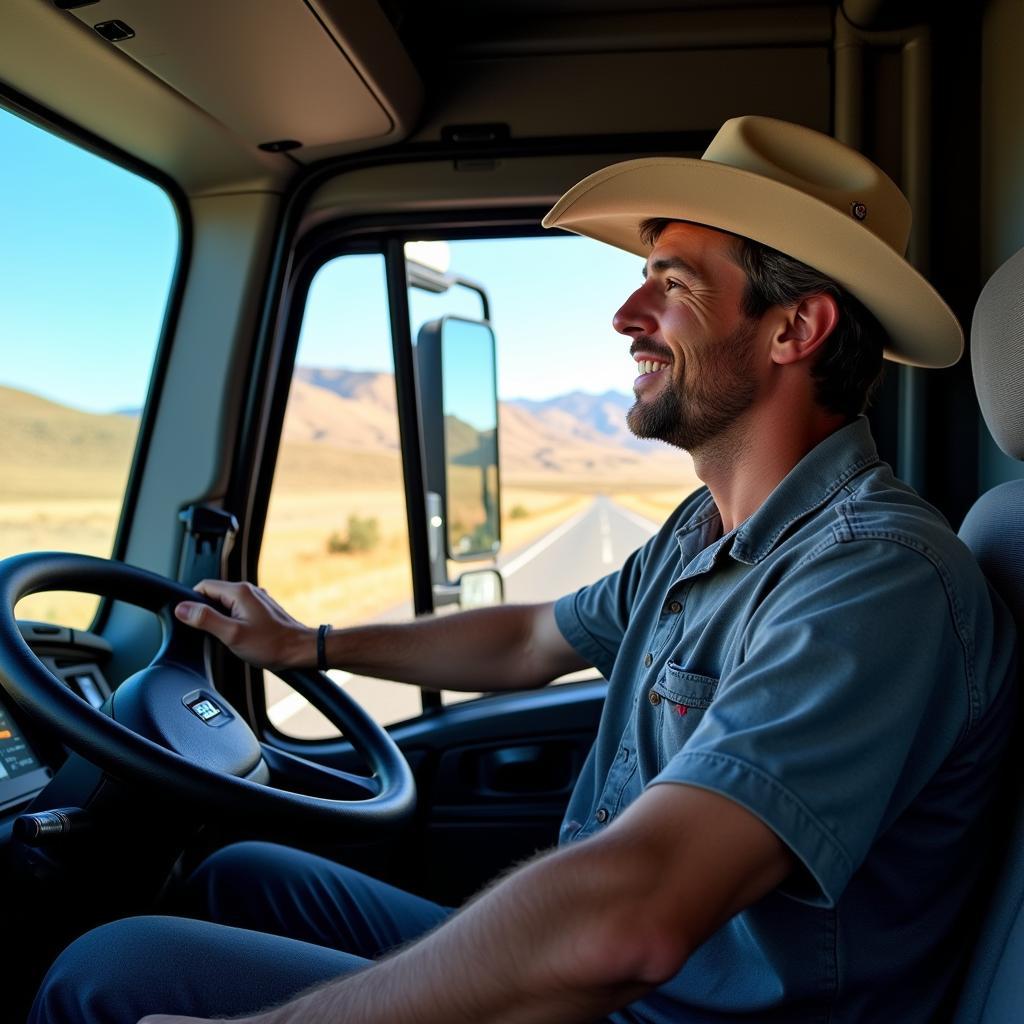 Truck driver laughing while driving on the open road