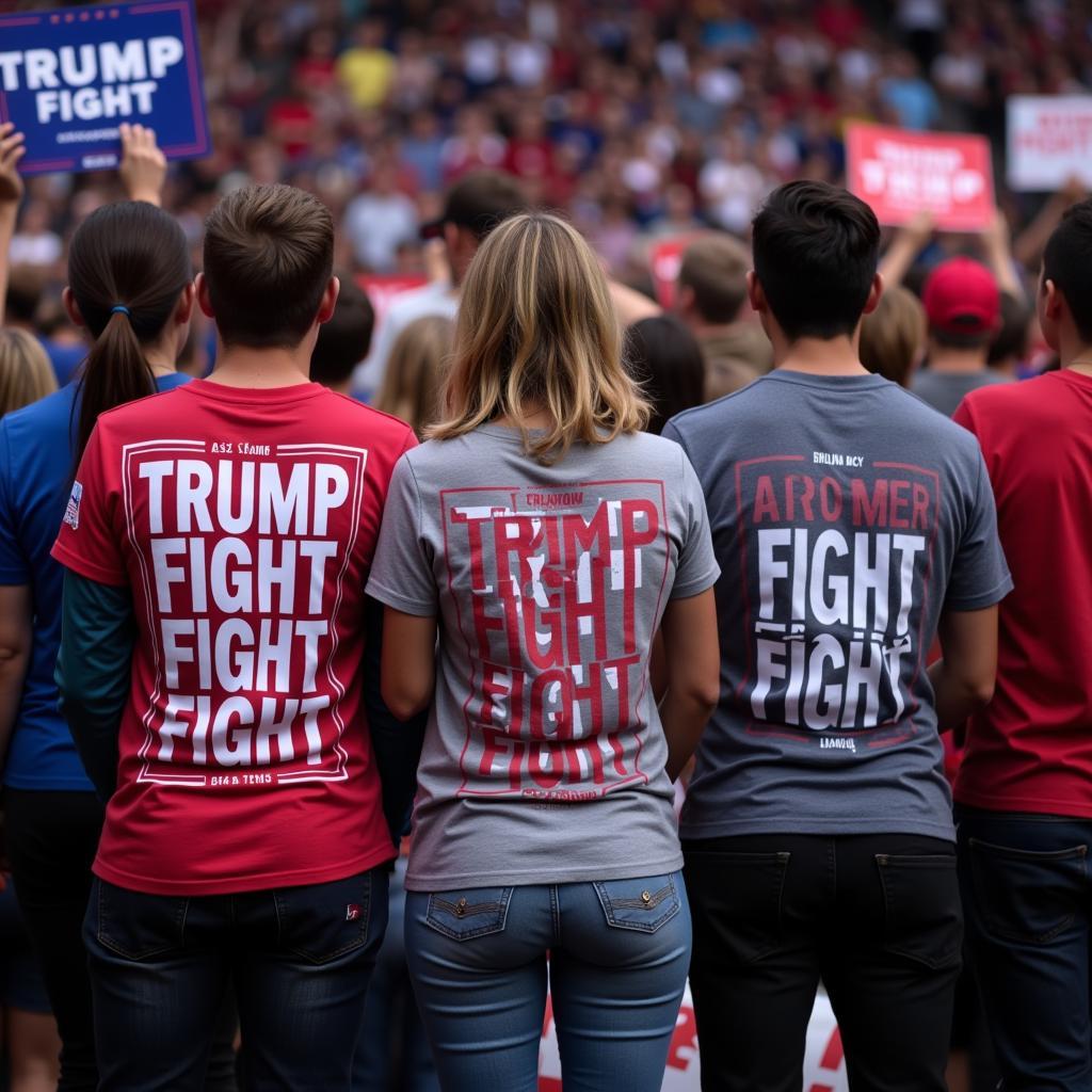 Supporters wearing Trump fight fight fight t-shirts at a political rally.