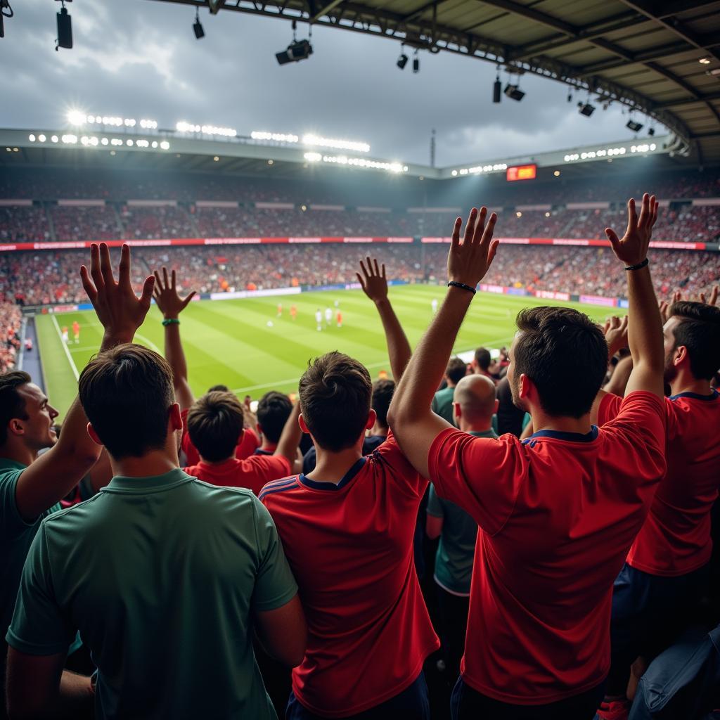 Fans celebrating a goal, anticipating the next "we'll meet again play"